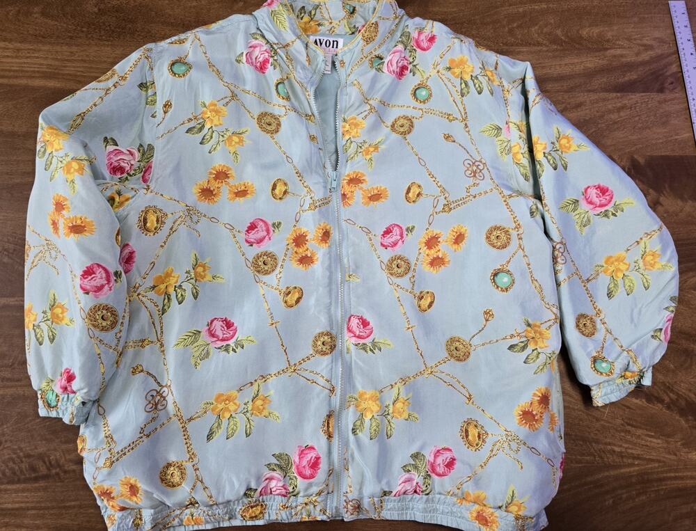 Vintage 90s Avon Style 100% Silk Bomber Jacket Floral Cottagecore Grandma 1X